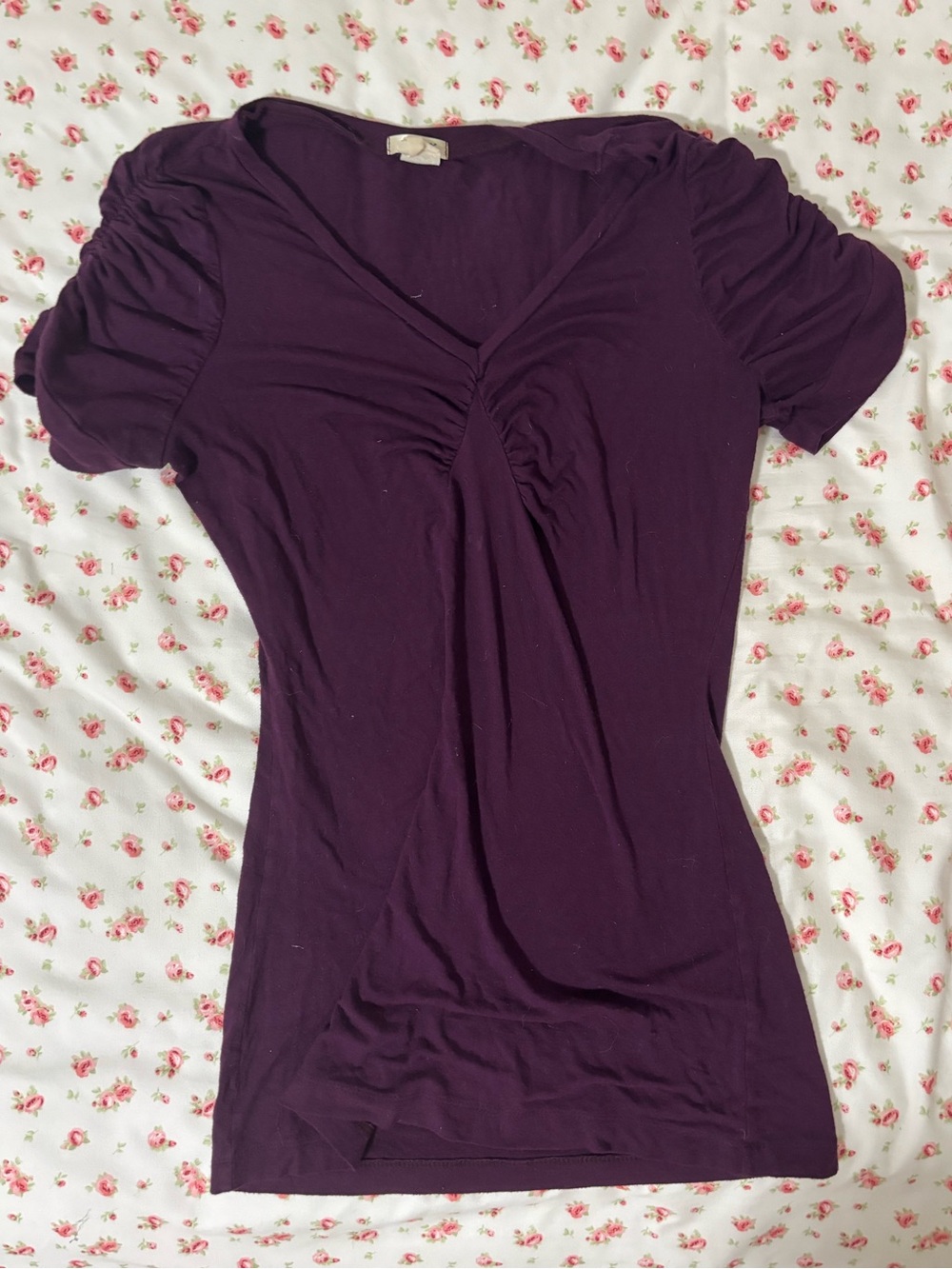 Studio Y Short-Sleeve V-Neck Ruched Front Top — Plum